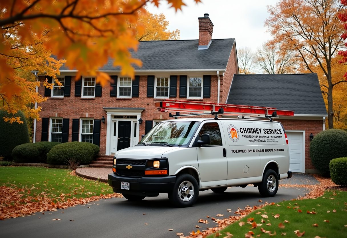 Chimney service van in a colonial home driveway — Sterling